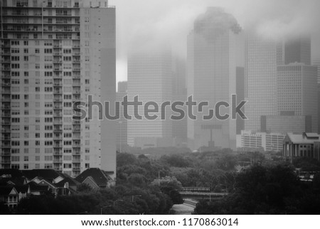 The skyline of downtown Houston on a rainy day.