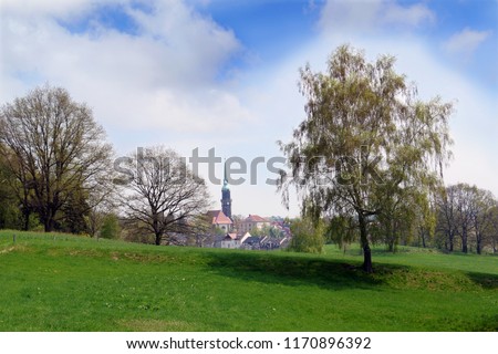 View to Radeberg in spring, small city in saxony, germany  Royalty-Free Stock Photo #1170896392