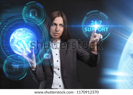 The concept of business, technology, the Internet and the network. A young entrepreneur working on a virtual screen of the future and sees the inscription: 24-7 Support
