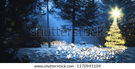 Magic christmas scene in the woods with a deer and a glowing christmas tree.