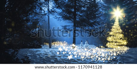 Magic christmas scene in the woods with two snowmen and a glowing christmas tree made of stars.