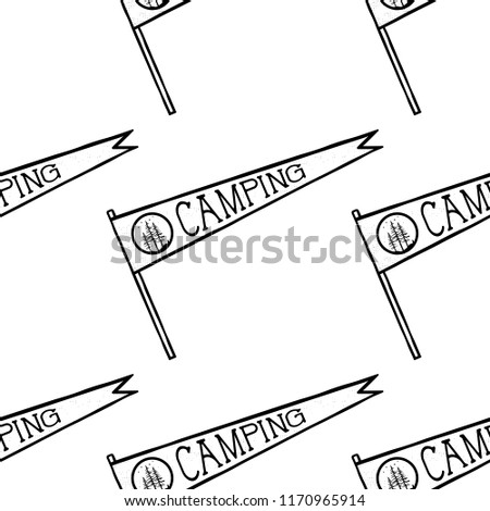 Camping pennant seamless pattern. Monochrome line art hipster style. Stock vector wallpaper illustration isolated on white background.