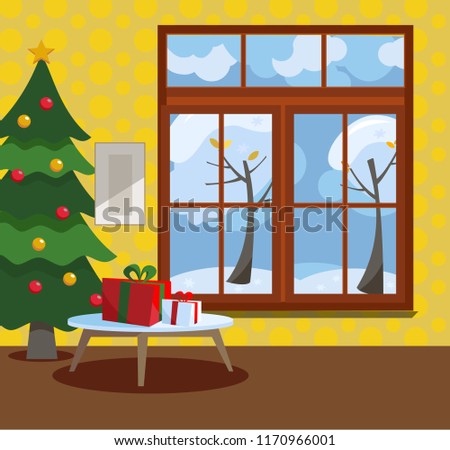 Wooden window overlooking the winter snow-covered trees. Yellow walls, New Year tree and a table with gifts in cardboard boxes with bows in the interior. Flat cartoon style vector illustration.