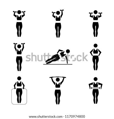 Set of stick figures. Black female silhouettes with sports equipment on a white background in various positions. Icons people,  illustration.