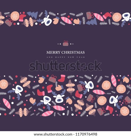 Christmas holiday design with doodles style hand drawn winter elements. Dark background with greeting text. Vector illustration.