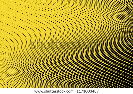 Polka dot yellow black halftone pattern. Gradient dots background. Modern pop art vector illustration. Abstract curves. Points backdrop. Bright colors dotted spotted pattern