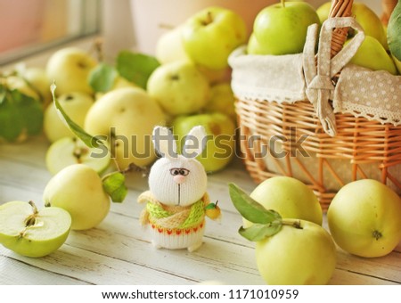 Handmade knitted toy.  The knitted bunny in a green sweater and a scarf holds an apple in a paw. Background of scattered apples
