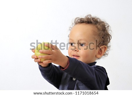 boy with apple at home reel people with white background stock image and stock photo