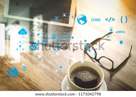 Coding software developer work with AR new design dashboard computer icons of scrum agile development and code fork and versioning with responsive cybersecurity.Coffee cup and Digital table.