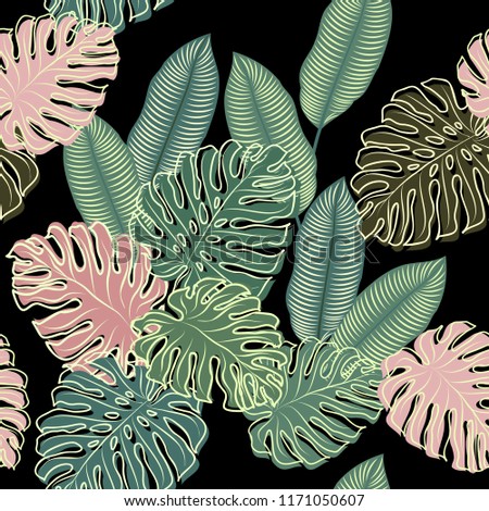 Seamless floral tropical pattern with heliconia and monstera leaves on black background.