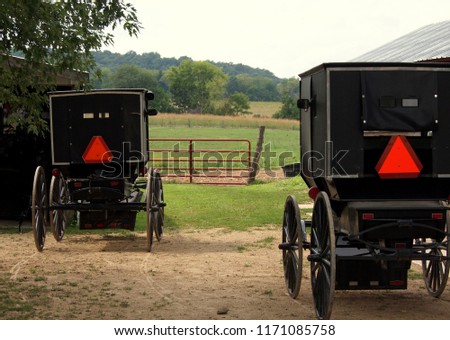 Two Amish buggies 'parked' in countryside. Black carriages with red warning signs. Wheels with spokes. Seen from behind. No people.