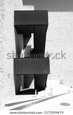 Black and white photo of Stairs on a building