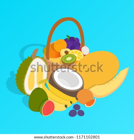 Fruit basket clip art. Isometric clip art of fruit basket concept vector icons for web isolated on blue background