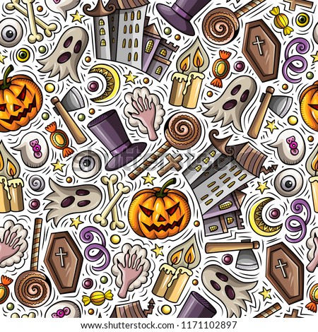 Cartoon cute hand drawn Halloween seamless pattern. Colorful detailed, with lots of objects background. Endless funny vector illustration. Bright colors holiday backdrop.