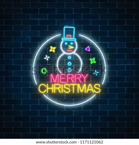 Glowing neon christmas sign with snowman with hat in circle frame. Christmas snow man symbol web banner in neon style. Vector illustration. Bright signboard christmas label, logo.