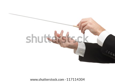 Male orchestra conductor hands, one with baton. White background. Royalty-Free Stock Photo #117114304