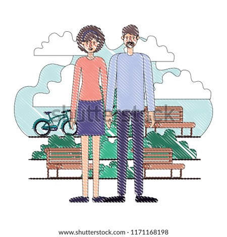 couple characters in the park with bicycle