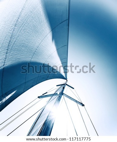 Sailboat in action, big white sail raised over blue clear sky Royalty-Free Stock Photo #117117775