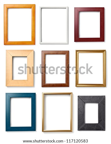 collection of various wooden frames for painting or picture on white background. each one is shot separately