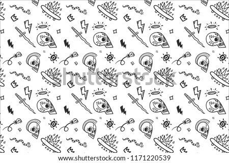 Black and white vector old school tattoos pattern on white background, doodle illustration