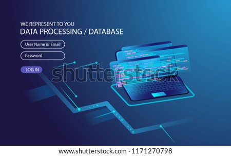 User interface for Big data flow processing concept, cloud database, isometric vector, web hosting and server room icons. Smart concept in database system