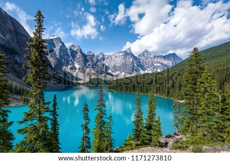 Moraine Lake during summer in Banff National Park, Canadian Rockies, Alberta, Canada.  Royalty-Free Stock Photo #1171273810