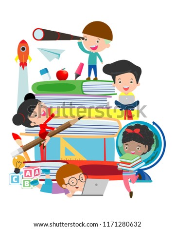 Set of school kids in education concept, back to school template with children, child go to school, back to school, Vector Illustration.