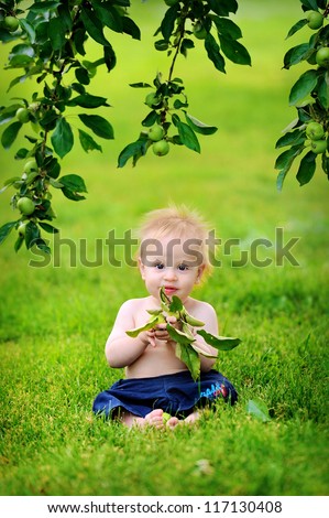 Happy baby with light and fluffy hair sitting on the grass. Summer and very warm. A boy holds a sprig of apple in his hand.
