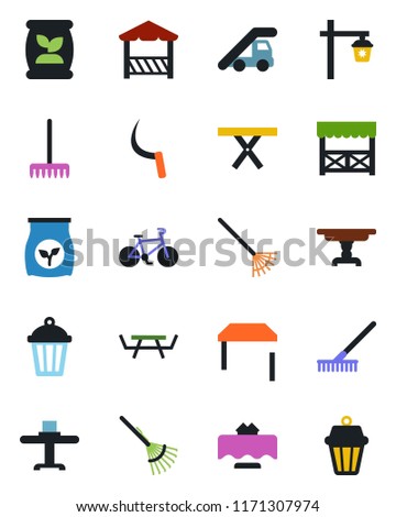 Color and black flat icon set - ladder car vector, rake, sickle, garden light, picnic table, fertilizer, bike, restaurant, alcove, outdoor lamp