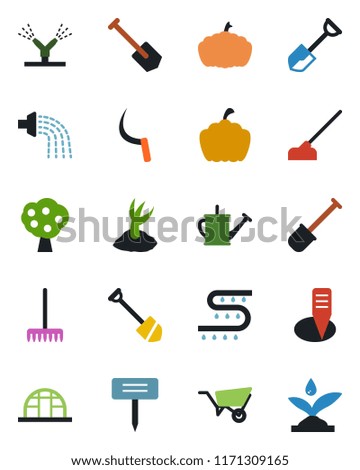 Color and black flat icon set - job vector, shovel, rake, watering can, wheelbarrow, sproute, hoe, sickle, plant label, pumpkin, greenhouse, drip irrigation, fruit tree