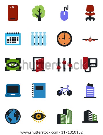 Color and black flat icon set - plane vector, office chair, mouse, tree, bike, earth, settings, laptop pc, phone back, eye id, calendar, copybook, clock, building, city house, intercome, radiator