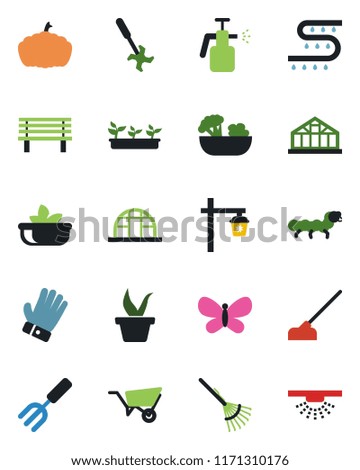 Color and black flat icon set - garden fork vector, rake, seedling, wheelbarrow, glove, butterfly, hoe, bench, pumpkin, light, greenhouse, caterpillar, sprayer, drip irrigation, ripper, salad