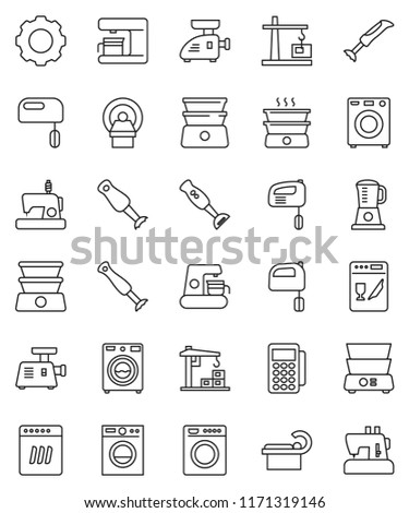 thin line vector icon set - washer vector, mixer, double boiler, blender, tomography, gear, construction crane, card reader, dishwasher, coffee maker, meat grinder, sewing machine