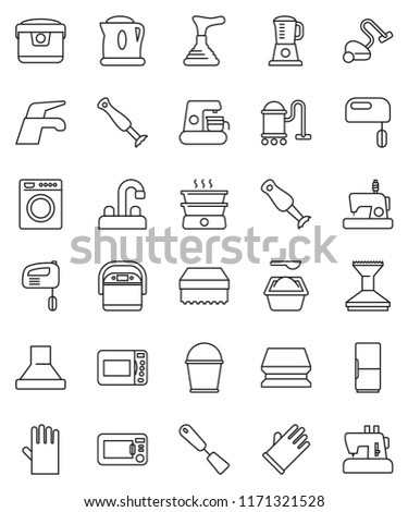 thin line vector icon set - plunger vector, water tap, vacuum cleaner, bucket, sponge, car fetlock, washing powder, rubber glove, spatula, blender, fridge, washer, mixer, coffee maker, hood, kettle