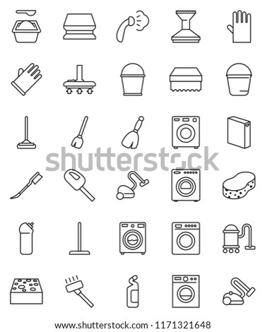 thin line vector icon set - broom vector, vacuum cleaner, mop, bucket, sponge, car fetlock, steaming, washer, washing powder, cleaning agent, rubber glove