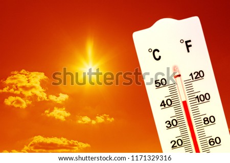Summer heat. Thermometer shows high temperature in summer. Royalty-Free Stock Photo #1171329316