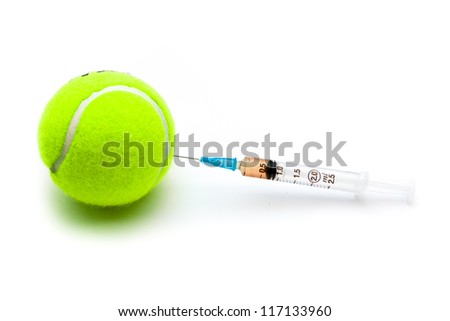 Tennis ball with a syringe sticking into it