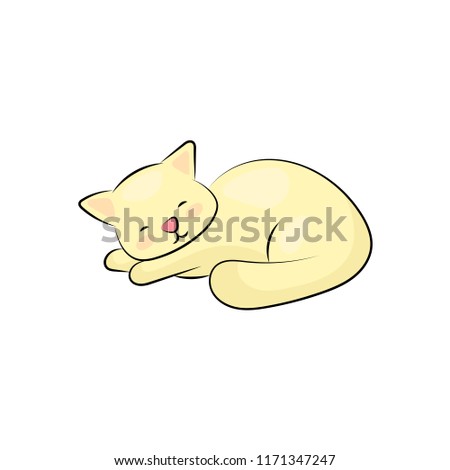 Cute sleeping cat on white background. Fat yellow kitten dreaming. Lazy cat icon or logo isolated. Cozy domestic animal. Relaxed smiling kitty. Adopt cat label. Home for pet. Kitten character clipart