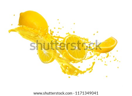 Juice or liquid splashing with yellow lemon isolated on white background. Creative minimalistic food concept for design package, advertising, ads, branding. Royalty-Free Stock Photo #1171349041
