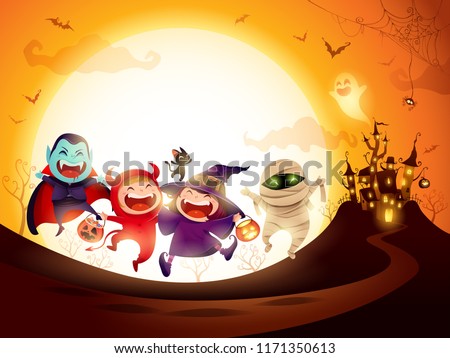 Halloween Kids Costume Party. Group of kids in Halloween costume jumping in the moonlight.