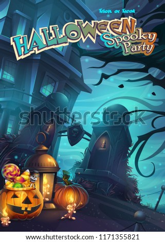 Halloween Spooky Party - vector illustration mobile format screen. Bright background image to create original video or web games, graphic design, screen savers.