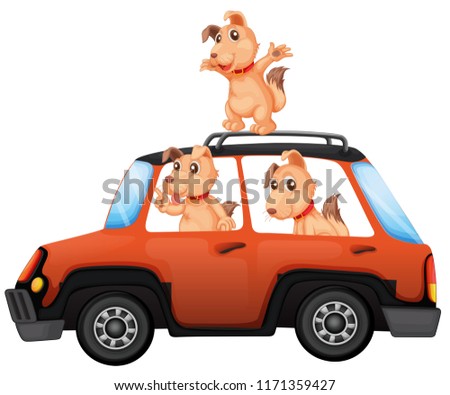 Dogs riding a car on white background illustration