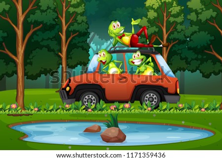 Frog travel by car in forest illustration
