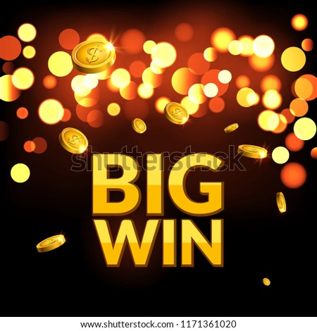 Big Win glowing retro banner for online casino, slot, card games, poker with coins and bokeh background