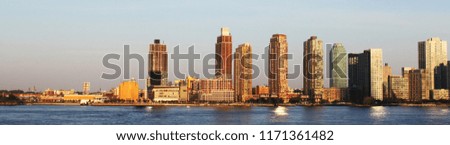 Website heading and banner of New York cityscape, high skyscrapers near sea. Concept of american blod header, cheap tours to USA and green card.