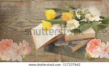 vintage photo of the book's and yellow tulip's