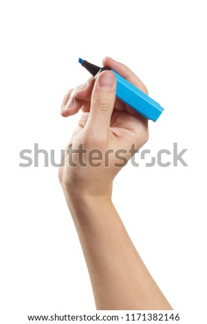 Hand holding blue marker, isolated on white background