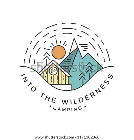 Camping into the wilderness logo design, travel, adventure, alpinism, mountaineering and outdoor activity emblem vector Illustration