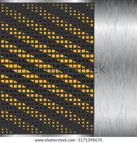 metallic background with grate texture and yellow and black stripes
