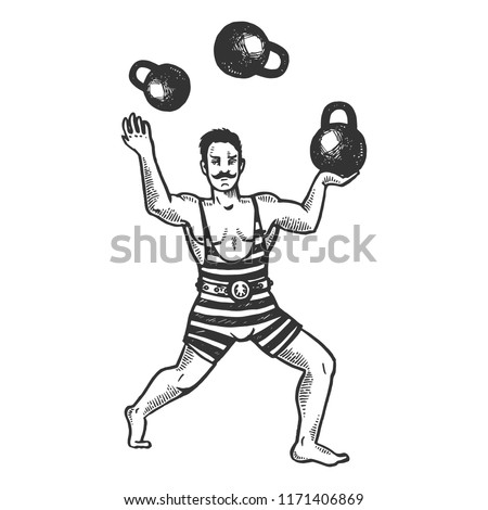 Circus strongman juggles with weights engraving vector illustration. Scratch board style imitation. Black and white hand drawn image.
